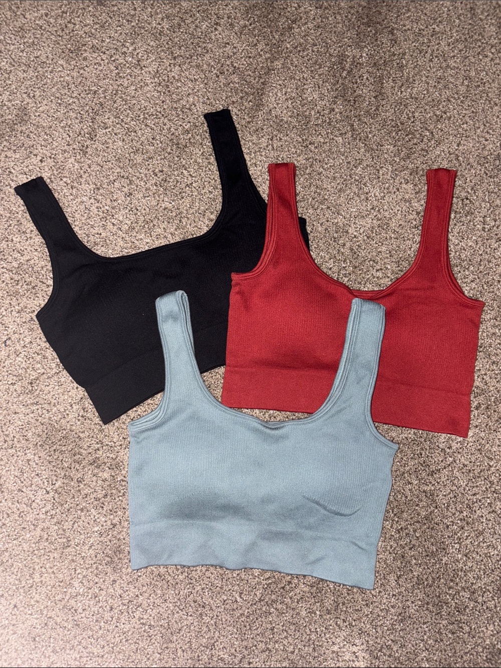 Ribbed Scoop Sports Bra 3 Pack- Black, Brick Red & Light Blue